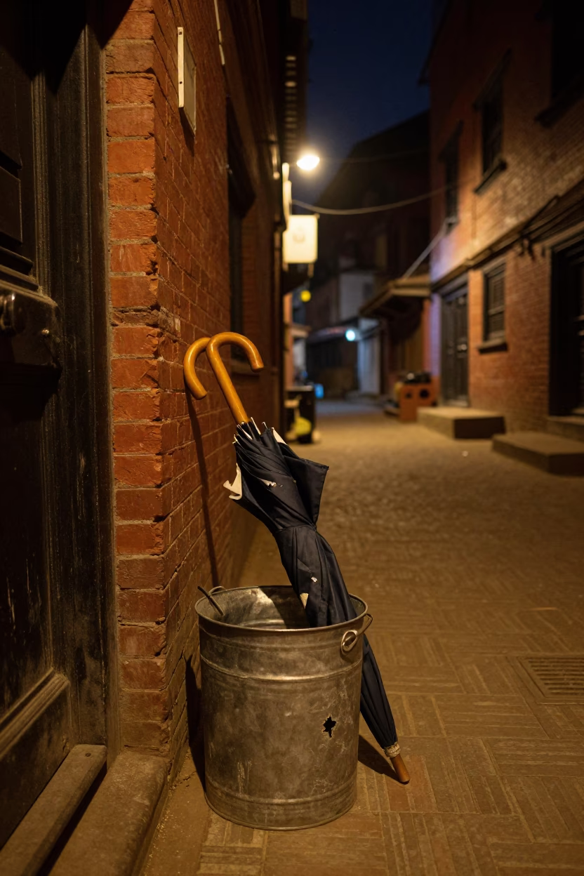 Night Street Scene in Kathmandu Nepal with Metal Bucket and Umbrella Stand in in Kathmandu, Nepal