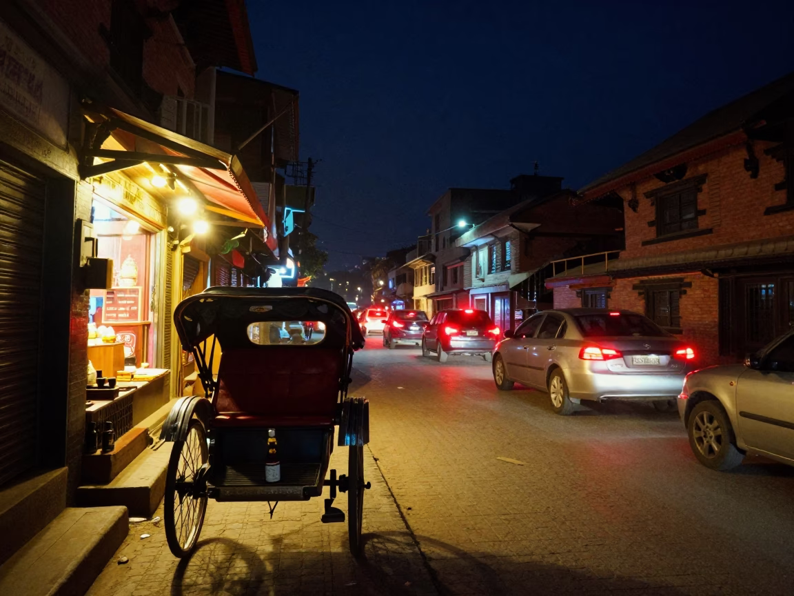 Night Street Scene in Kathmandu Nepal with Rickshaw and Soap Bottle Under Deep Sky in in Kathmandu, Nepal