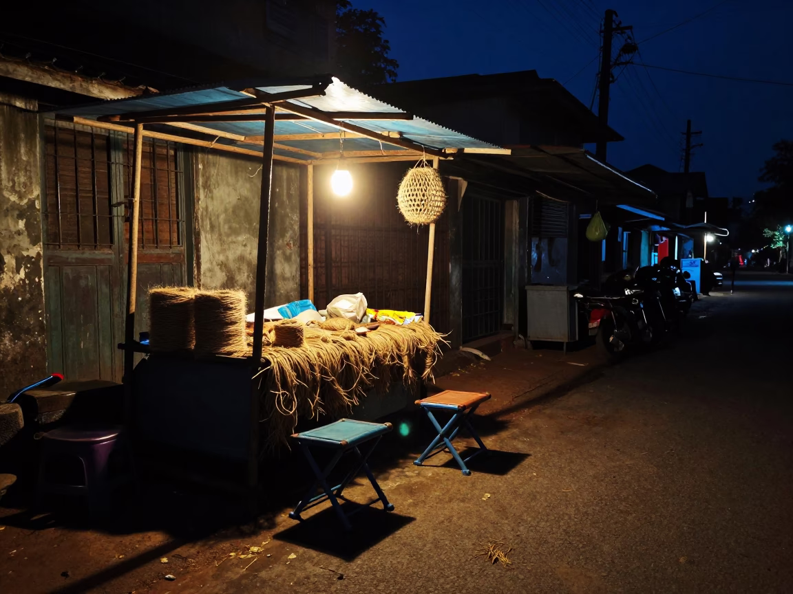 Night Street Scene in Kochi India with Folding Stools and Twine Fibers on Hinge in in Kochi, India