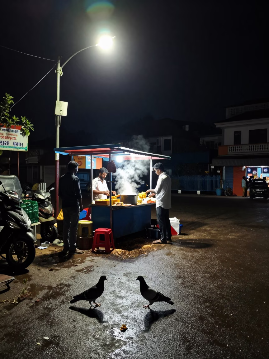 Night Street Scene in Kochi India With Pigeons And Local Food in in Kochi, India