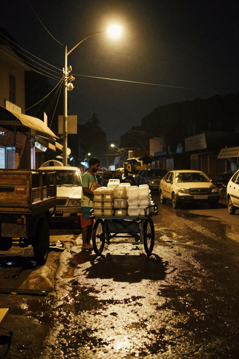 Night Street Scene in Kochi India with Rolling Carts and Wooden Fishing Boat in in Kochi, India