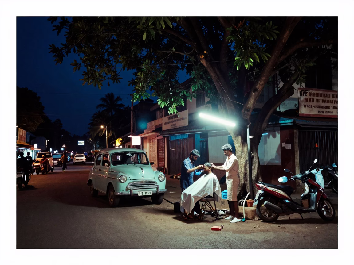 Night Street Scene in Kochi India with Street Barber and Vintage SUV in in Kochi, India
