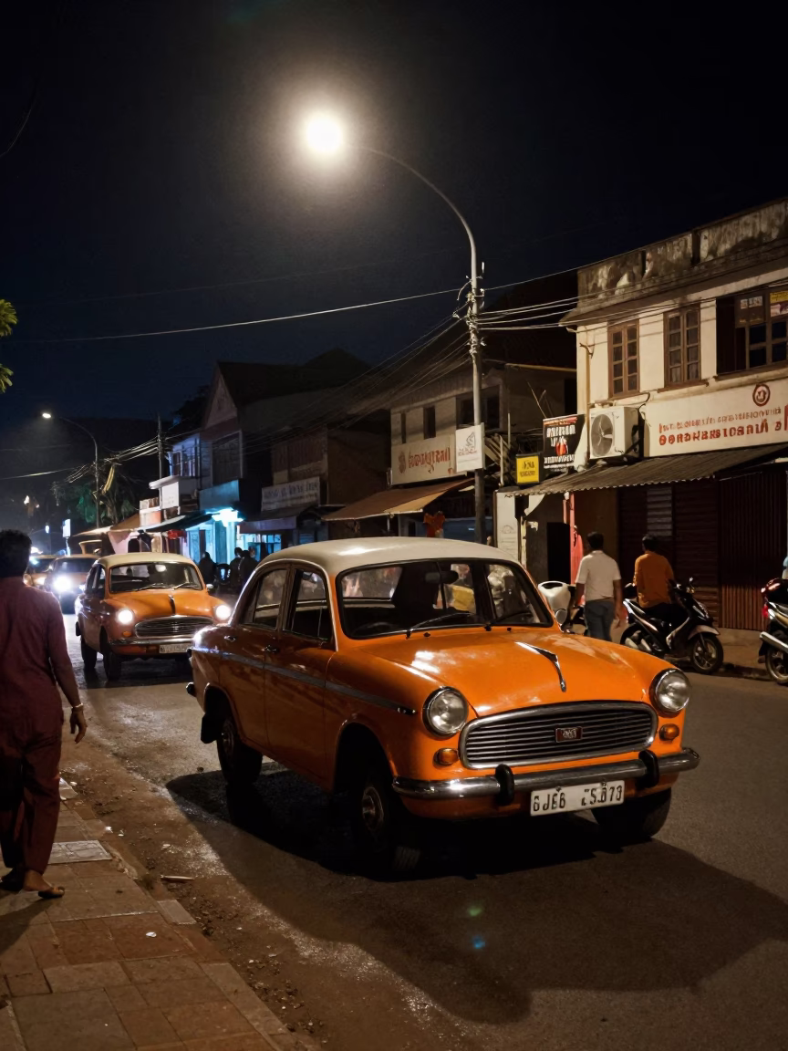 Night Street Scene in Kochi India with Vintage Car and Local Vendor in in Kochi, India