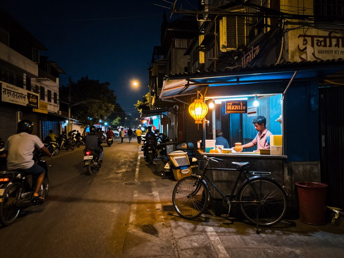 Night Street Scene in Kolkata India with Bicycle and Lantern Light in in Kolkata, India