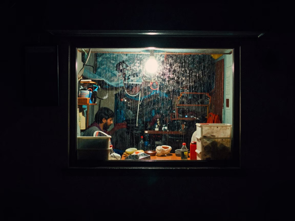 Night Street Scene in Kolkata India with Glowing Window and Rain Streaks in in Kolkata, India