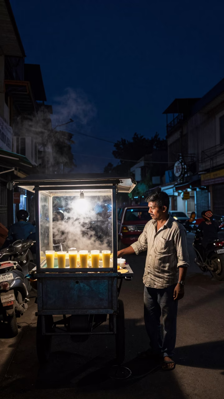 Night Street Scene in Kolkata India with Mango Lassi and Steam on Window in in Kolkata, India