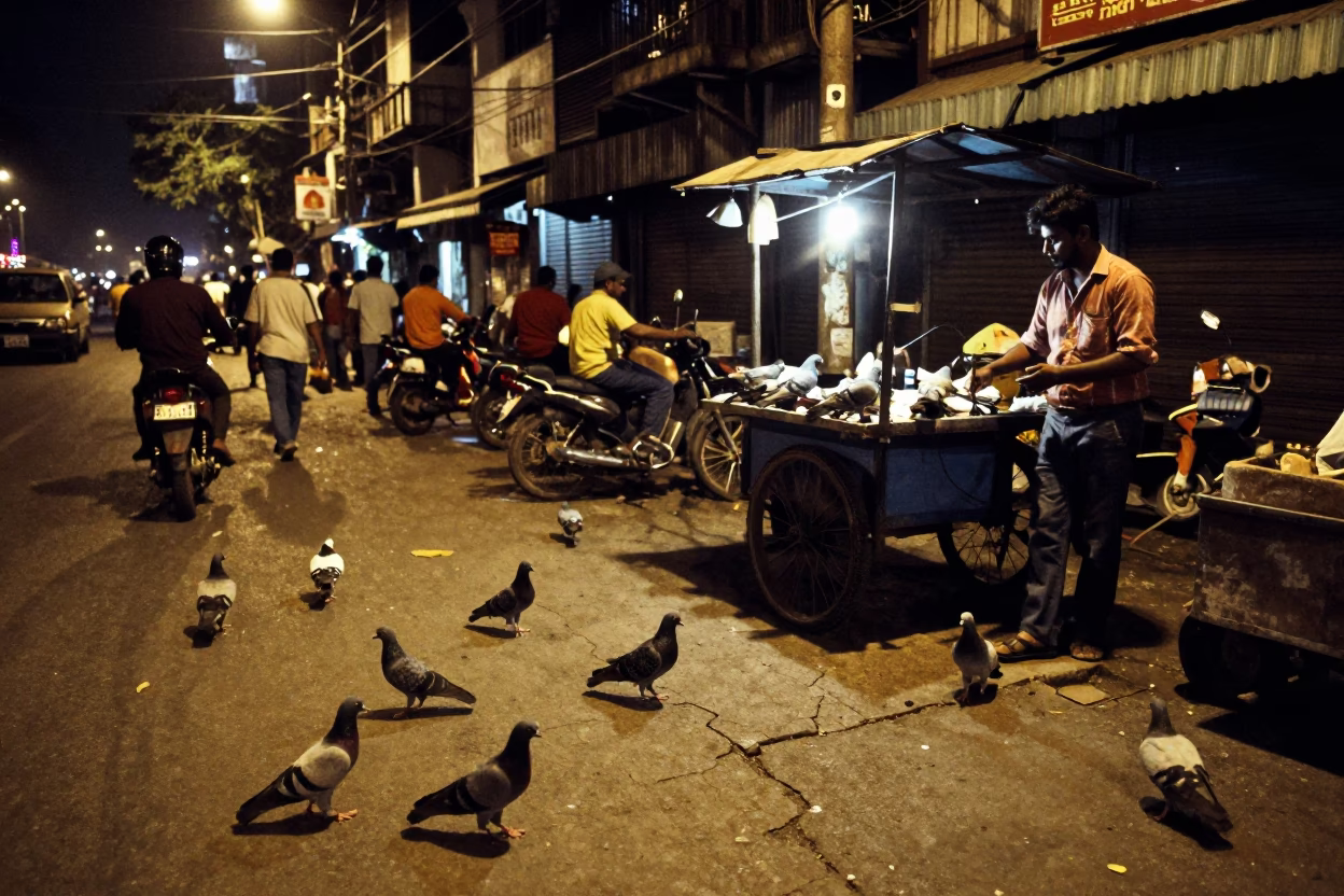 Night Street Scene in Kolkata India with Pigeons and Urban Activity in in Kolkata, India