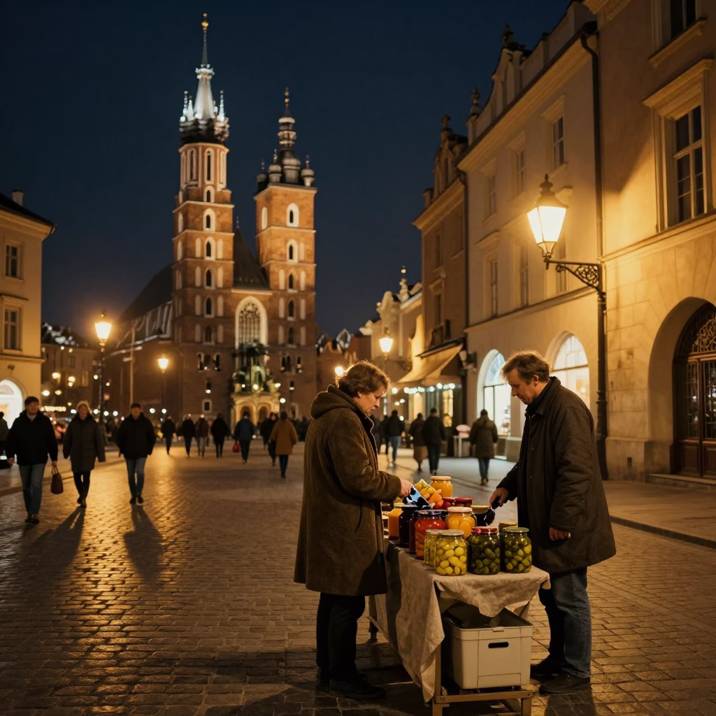 Night Street Scene in Krakow Poland with Vintage 1970s Aesthetic and Local Urban Details in in Krakow, Poland
