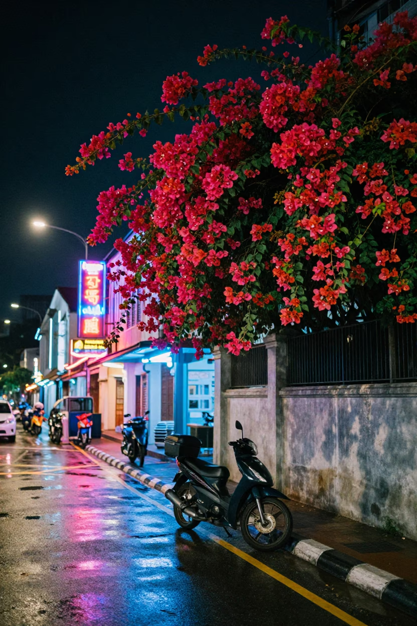 Night Street Scene in Kuala Lumpur Malaysia with Bougainvillea and Motorcycle in in Kuala Lumpur, Malaysia