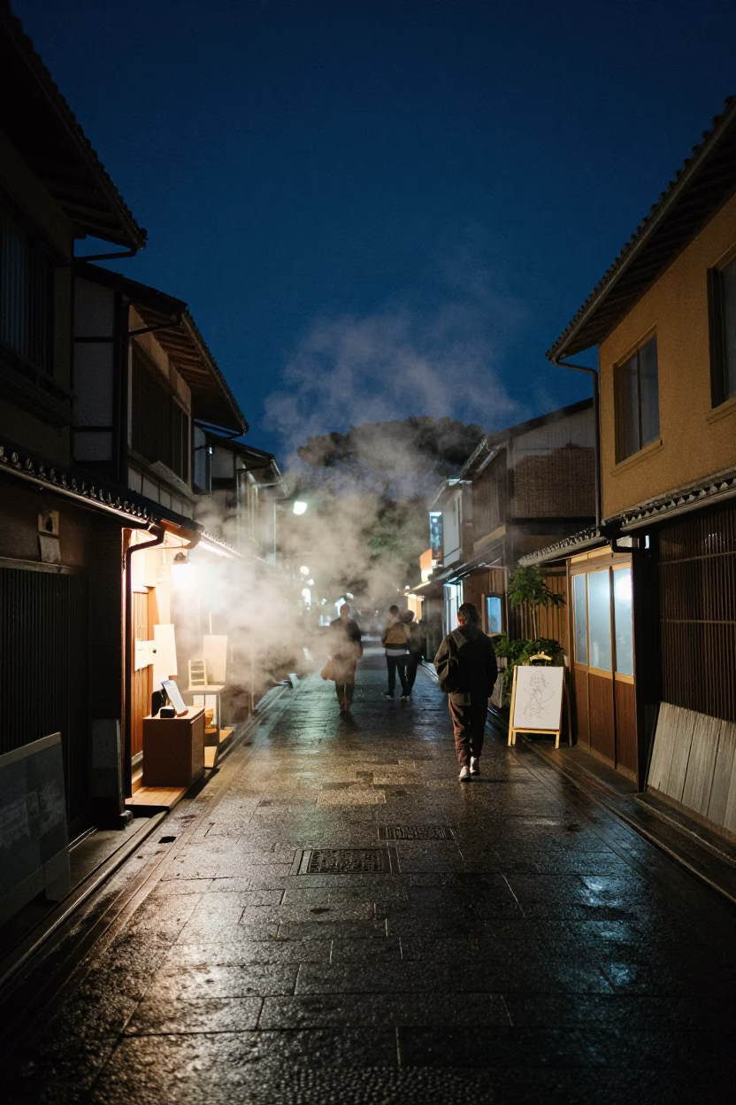 Night Street Scene in Kyoto Japan with Steam Haze and Sketchbook in in Kyoto, Japan