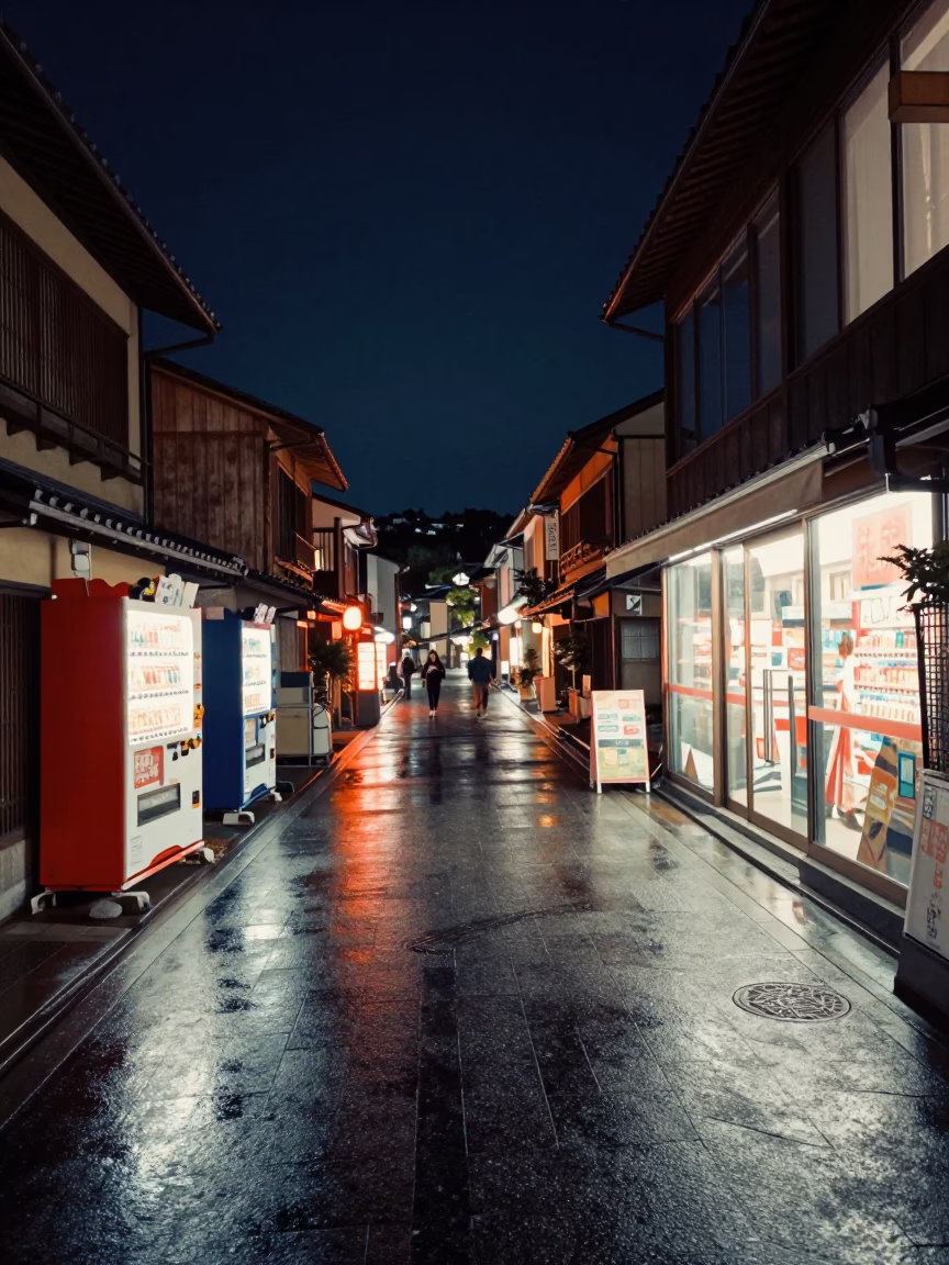Night street scene in Kyoto Japan with vending machines and neon signs in in Kyoto, Japan
