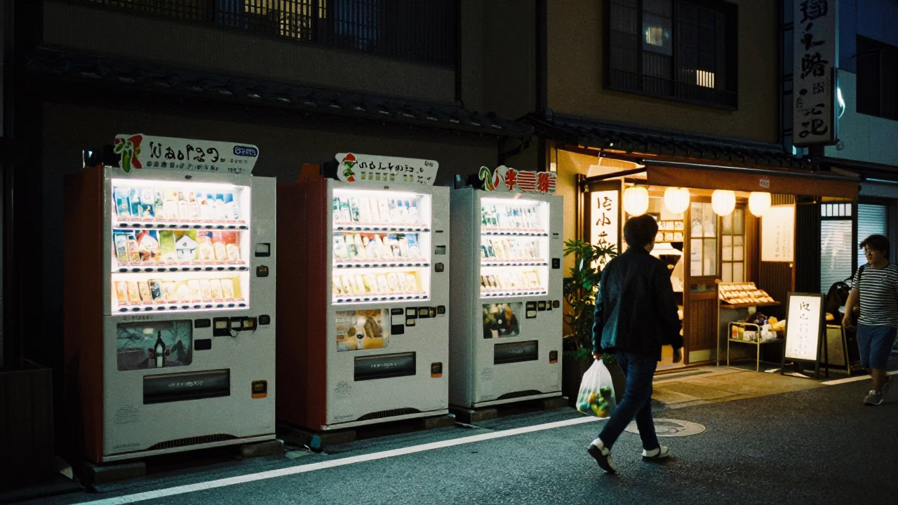 Night street scene in Kyoto Japan with vending machines and urban details in in Kyoto, Japan