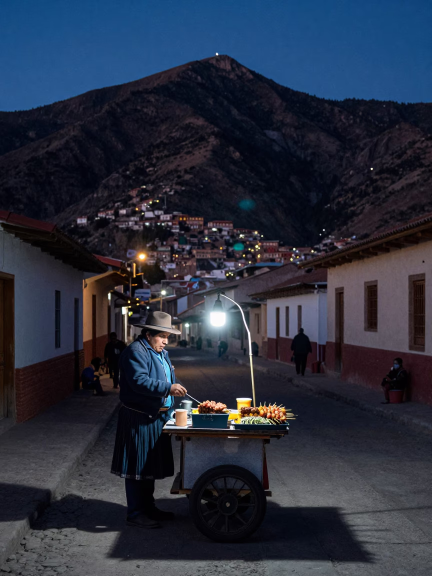 Night Street Scene in La Paz Bolivia with Mug and Sate Skewers in in La Paz, Bolivia
