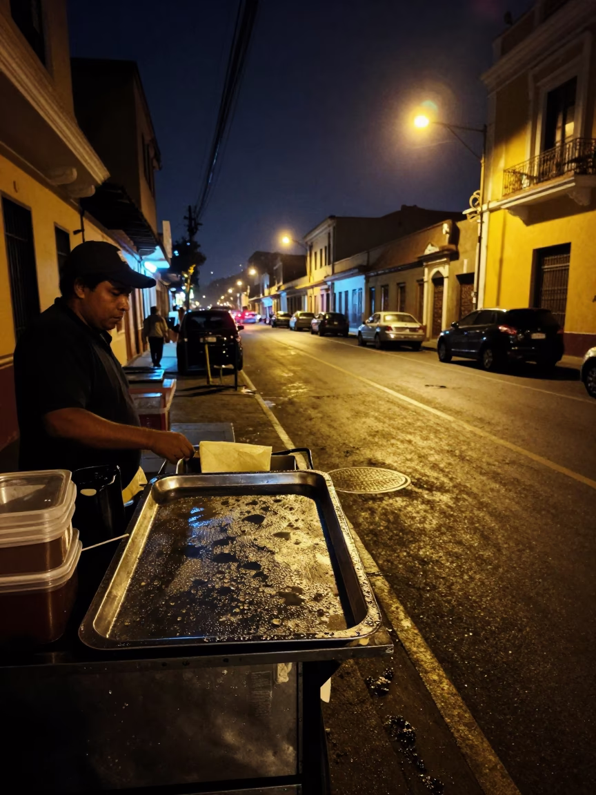 Night Street Scene in Lima Peru with Condensation and Urban Details in in Lima, Peru