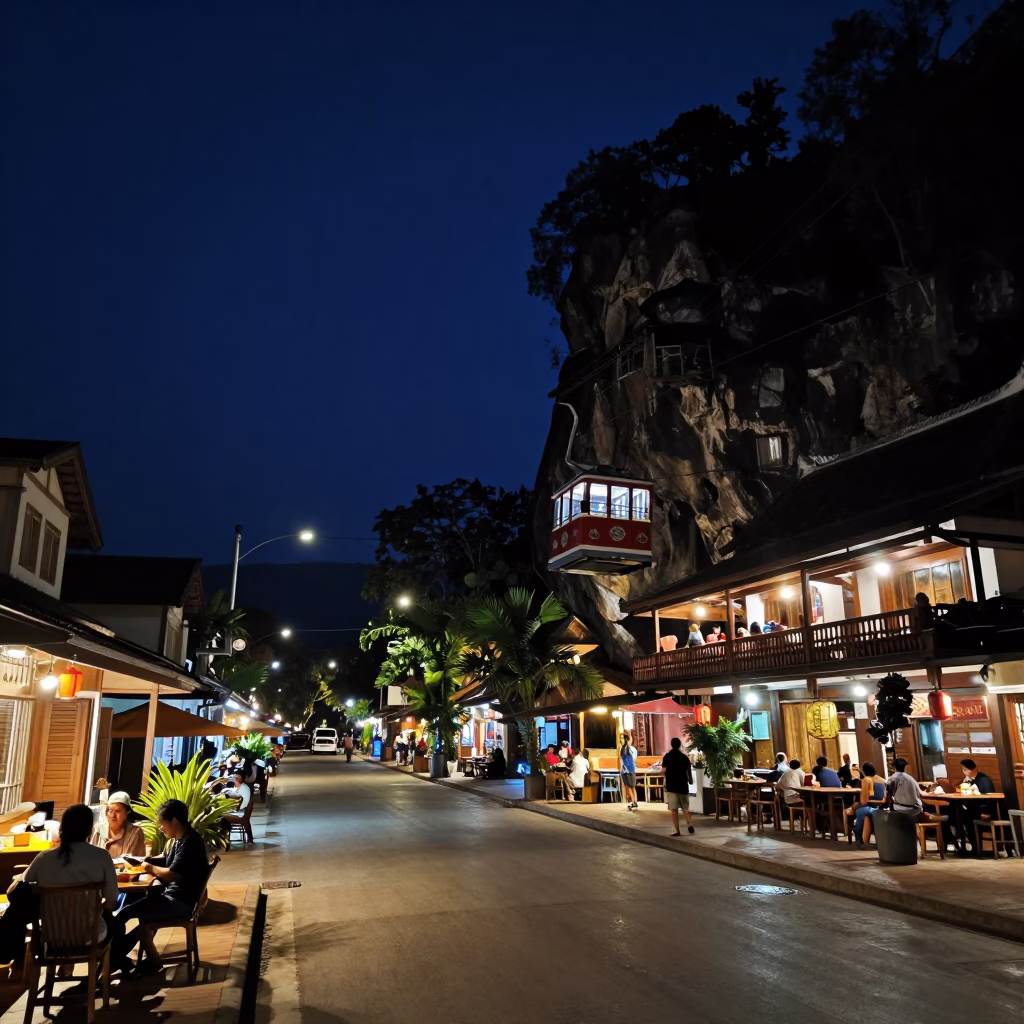 Night Street Scene in Luang Prabang Laos with Funicular and Local Life in in Luang Prabang, Laos