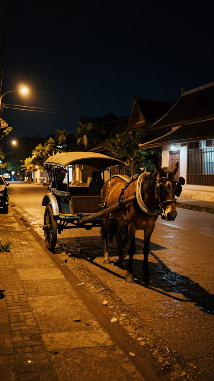 Night Street Scene in Luang Prabang Laos with Horse Drawn Cart and Frangipani Tree in in Luang Prabang, Laos