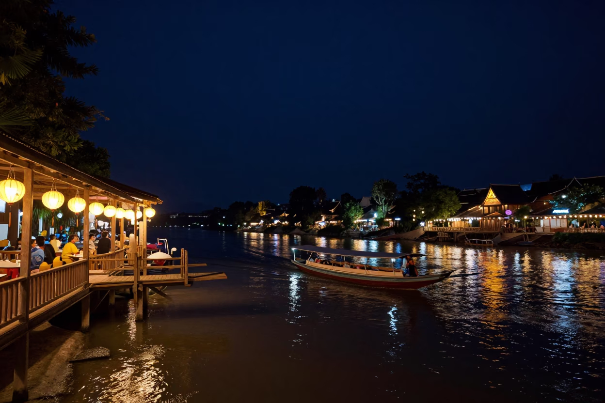 Night Street Scene in Luang Prabang Laos with Lanterns and Water Taxi in in Luang Prabang, Laos