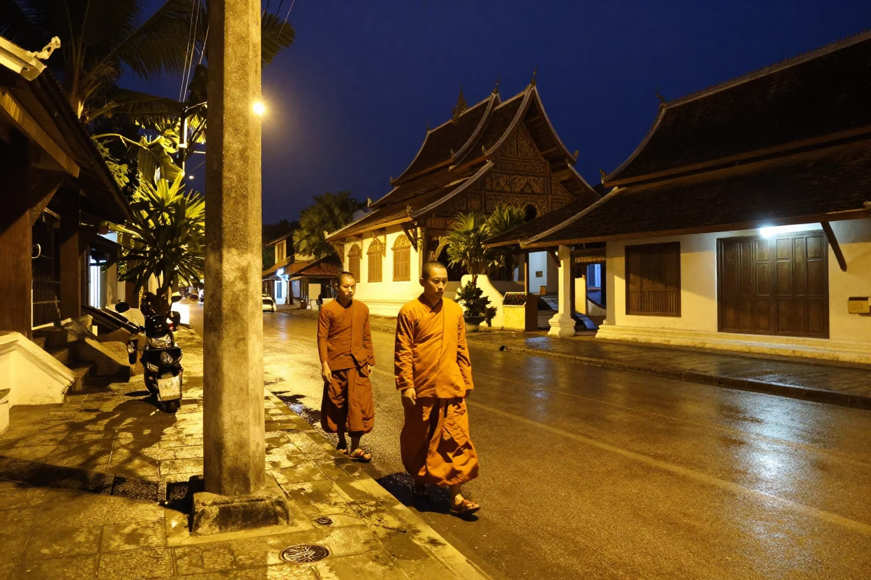 Night Street Scene in Luang Prabang Laos with Monks and Traditional Architecture in in Luang Prabang, Laos