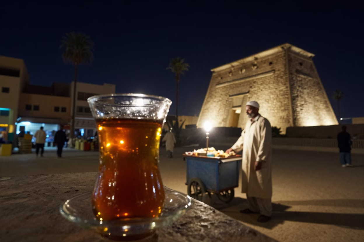 Night Street Scene in Luxor Egypt with Glass Jar and Tea in in Luxor, Egypt