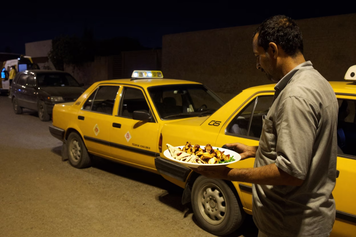 Night Street Scene in Luxor Egypt with Shawarma Plate and Taxi in in Luxor, Egypt