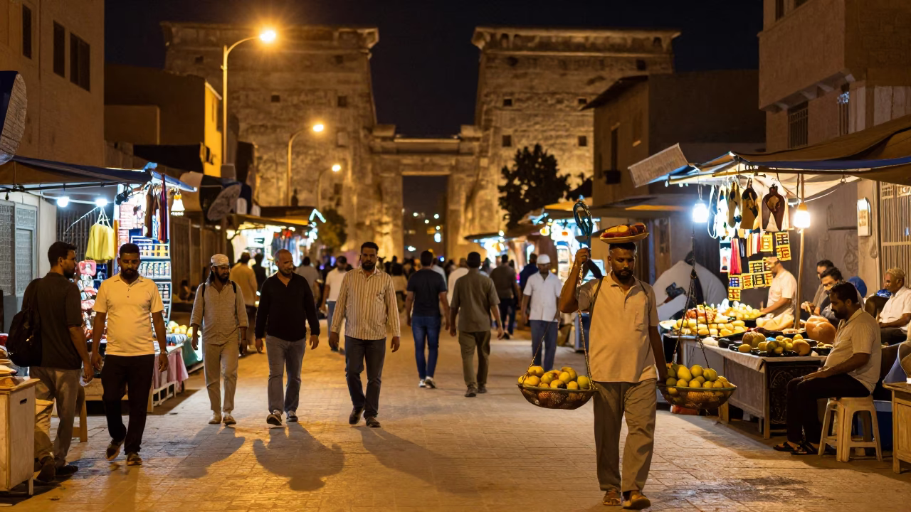 Night Street Scene in Luxor Egypt with Tourists and Local Vendors in in Luxor, Egypt