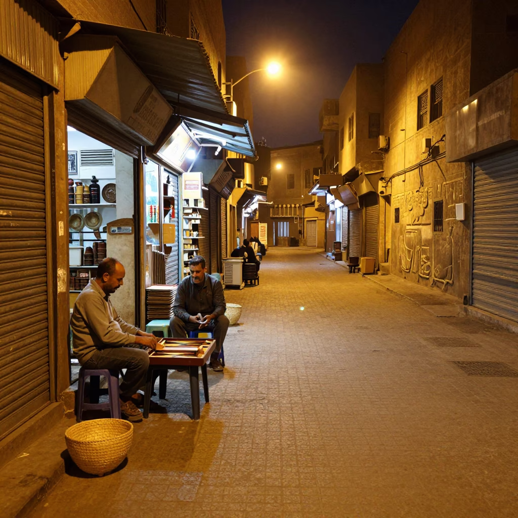 Night street scene in Luxor with backgammon and woven basket in in Luxor, Egypt