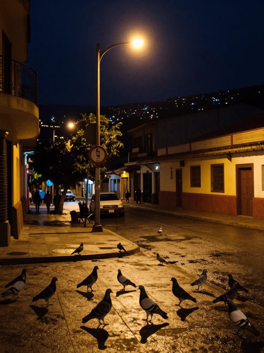 Night Street Scene in Medellin Colombia with Pigeons and Urban Infrastructure in in Medellin, Colombia
