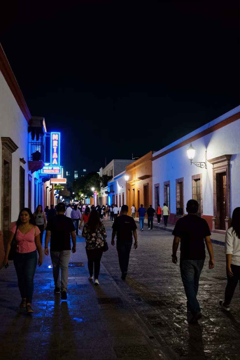 Night Street Scene in Merida Mexico with Neon Signs and Busy Activity in in Merida, Mexico