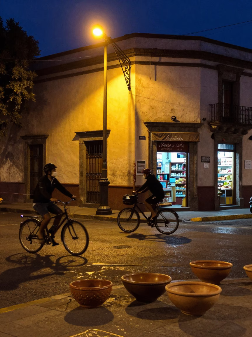 Night street scene in Mexico City with cyclist and terracotta bowls in in Mexico City, Mexico