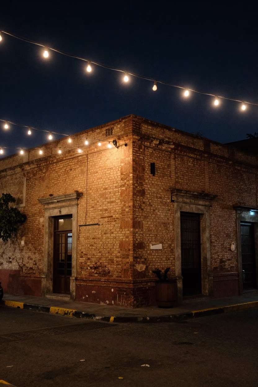 Night Street Scene in Mexico City with String Lights and Lived-in Urban Details in in Mexico City, Mexico
