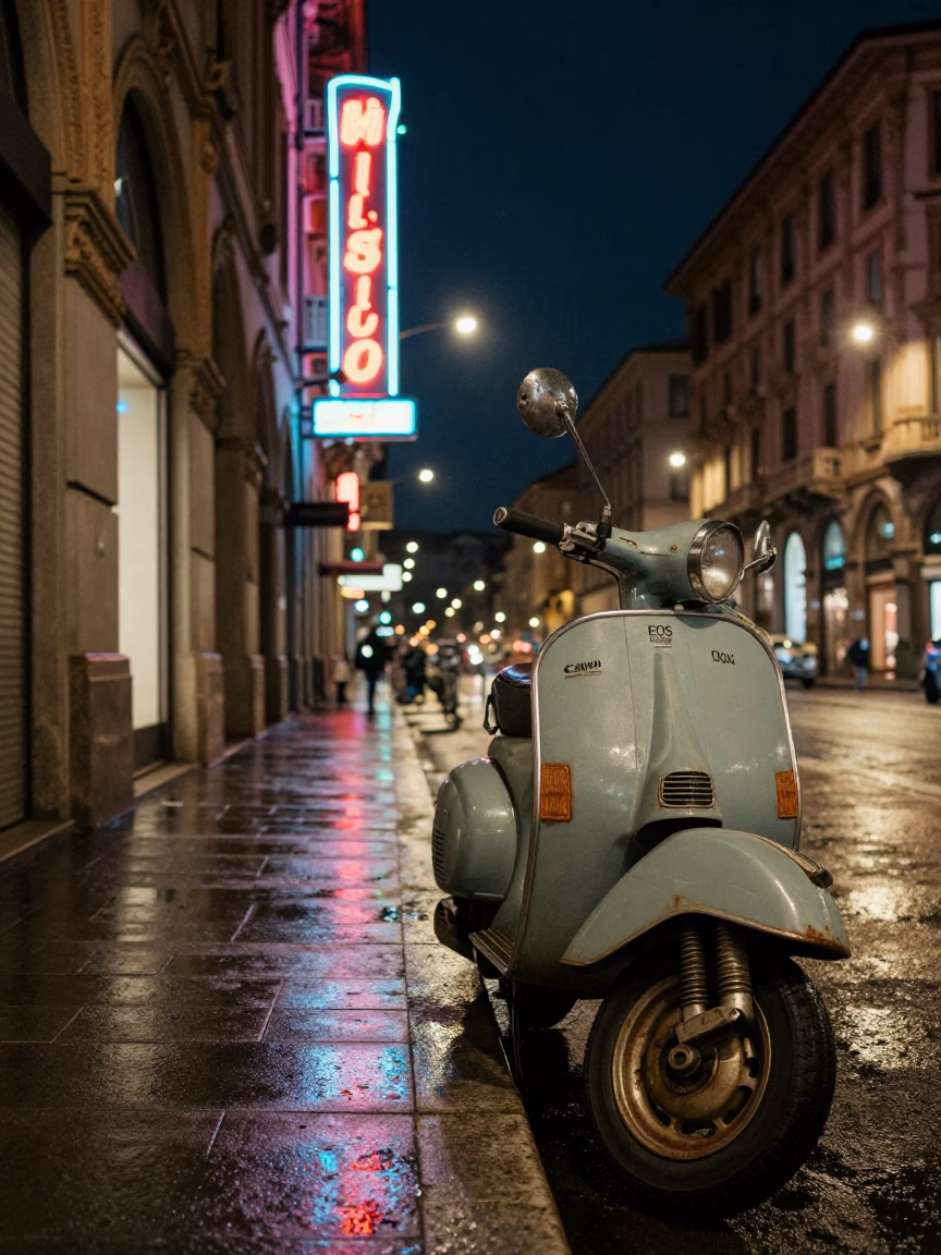 Night Street Scene in Milan Italy with Vintage 1980s Aesthetic and Urban Details in in Milan, Italy
