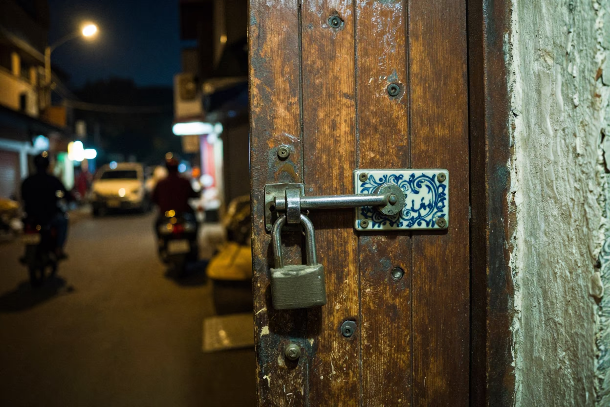 Night Street Scene in Mumbai India with Deadbolt Lock and Ceramic Plate in in Mumbai, India