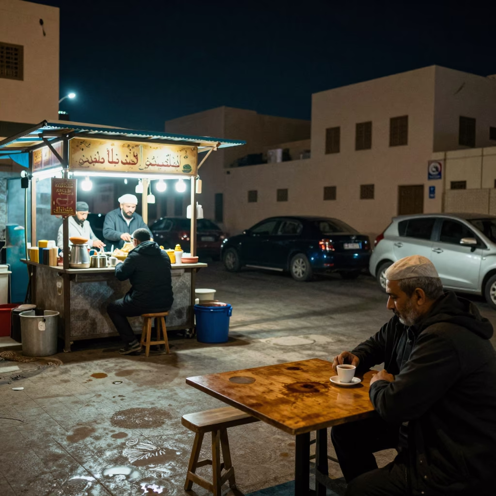 Night Street Scene in Muscat Oman with Tea Stains and Local Interaction in in Muscat, Oman