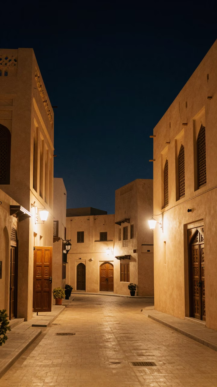 Night Street Scene in Muscat Oman with Traditional Architecture and Local Life in in Muscat, Oman