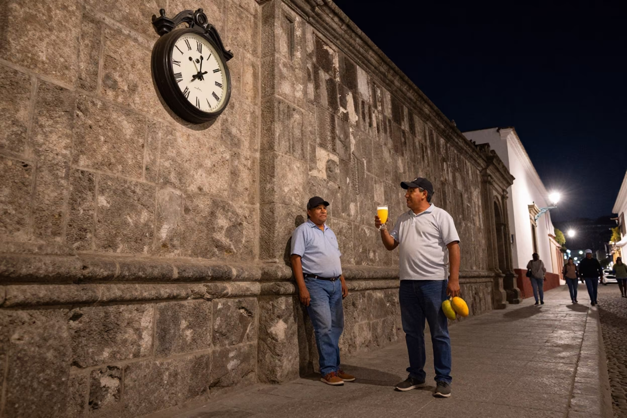 Night Street Scene in Quito Ecuador With Chess Clock And Mango Lassi in in Quito, Ecuador