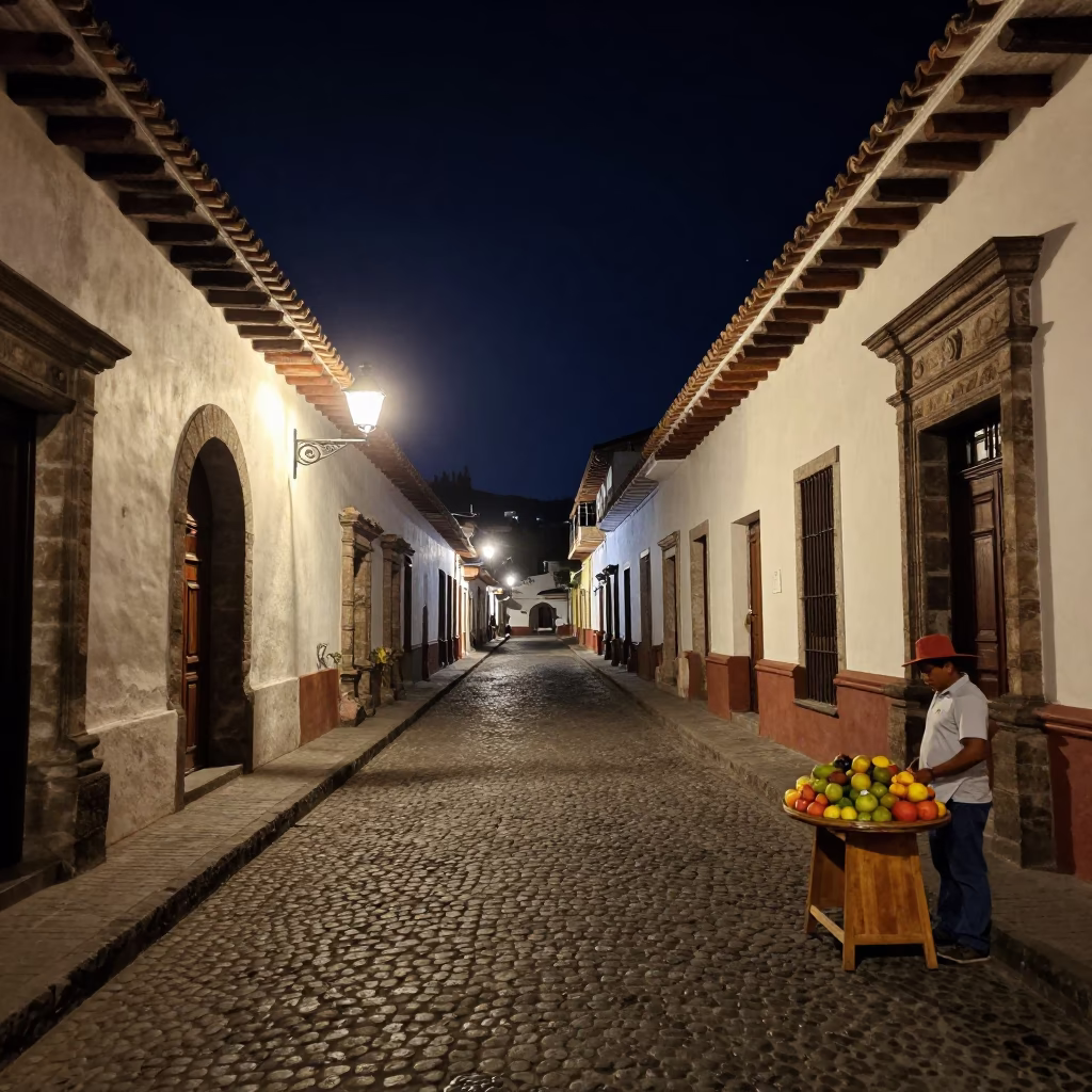 Night Street Scene in Quito Ecuador with Lantern Light and Local Life in in Quito, Ecuador