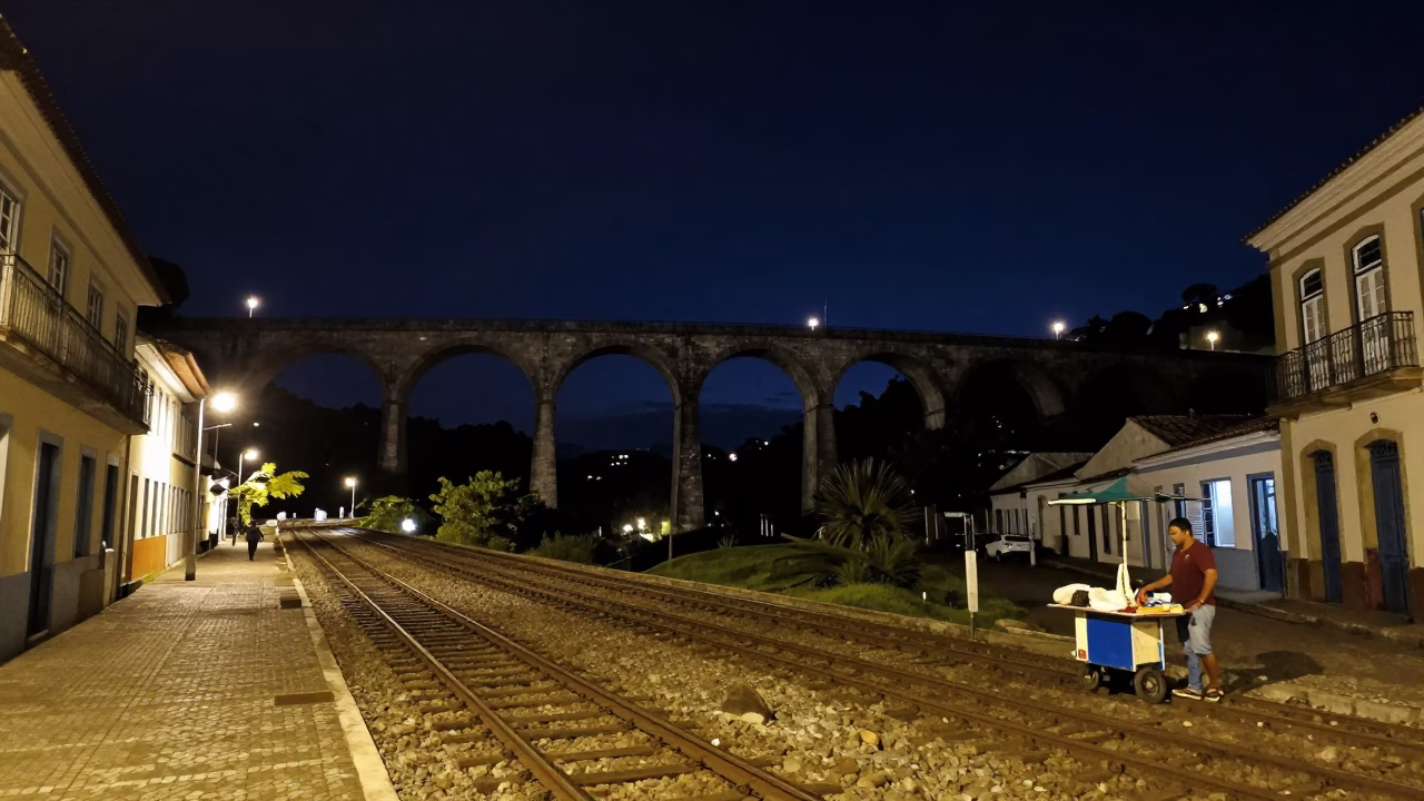 Night Street Scene in Salvador Brazil with Railway Viaduct and Local Vendor in in Salvador, Brazil
