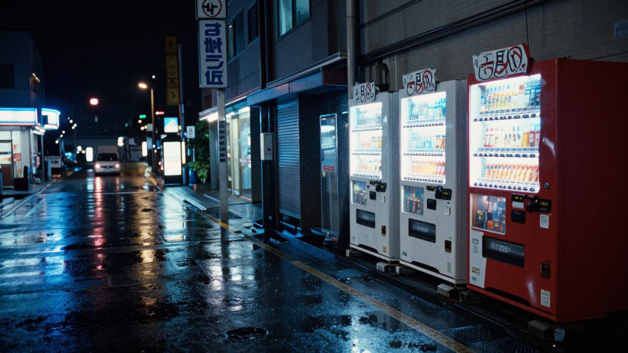 Night Street Scene in Sapporo Japan with Vending Machine and Rain in in Sapporo, Japan