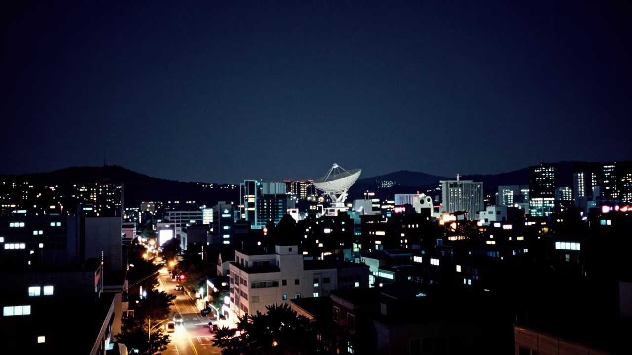 Night Street Scene in Seoul South Korea with Radiotelescope Dish and Urban Landscape in in Seoul, South Korea