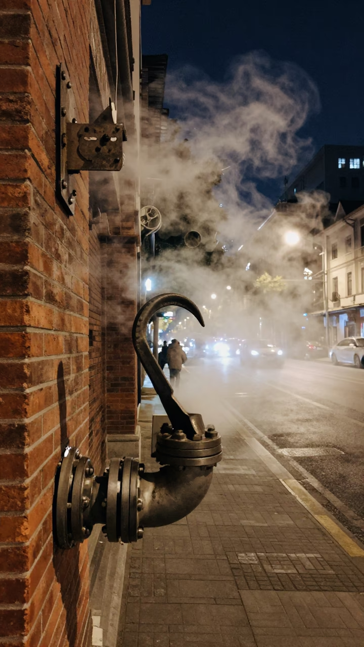 Night Street Scene in Shanghai China with Steaming Heating Pipes and Frost in in Shanghai, China