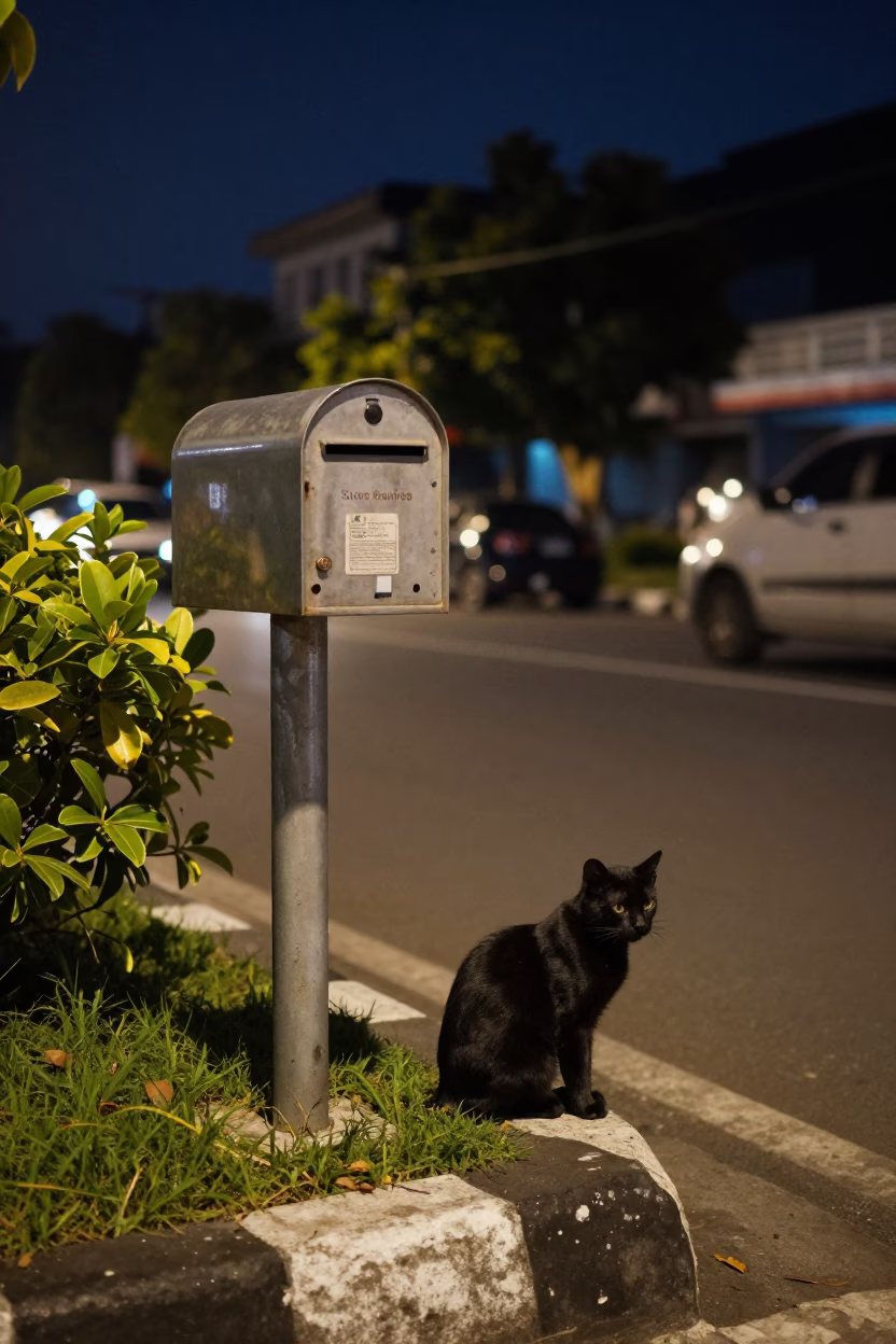 Night Street Scene in Surabaya Indonesia with Black Cat and Mailbox in in Surabaya, Indonesia