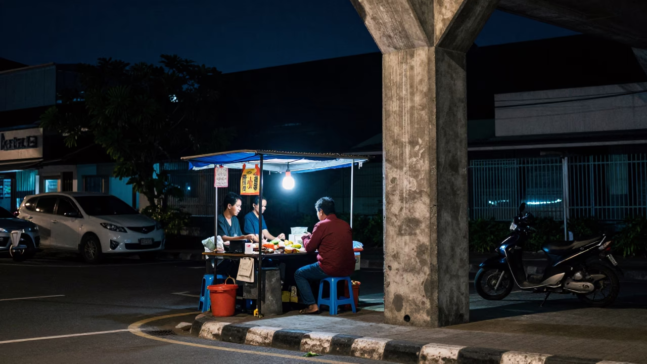 Night Street Scene in Surabaya Indonesia with Local Vendor and Concrete Pillar in in Surabaya, Indonesia