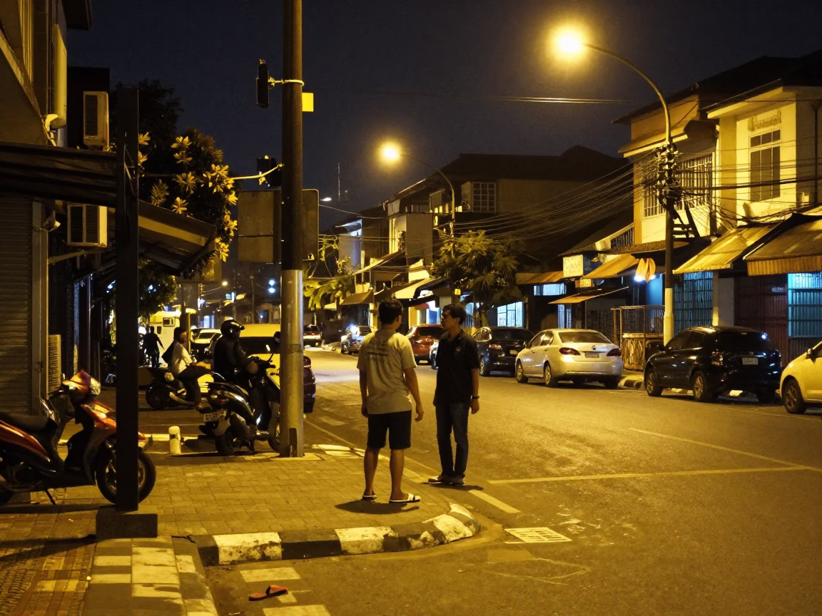 Night Street Scene in Surabaya Indonesia with Slippers and Urban Elements in in Surabaya, Indonesia