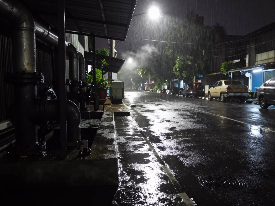 Night Street Scene in Surabaya Indonesia with Steam Pipes and Rain in in Surabaya, Indonesia