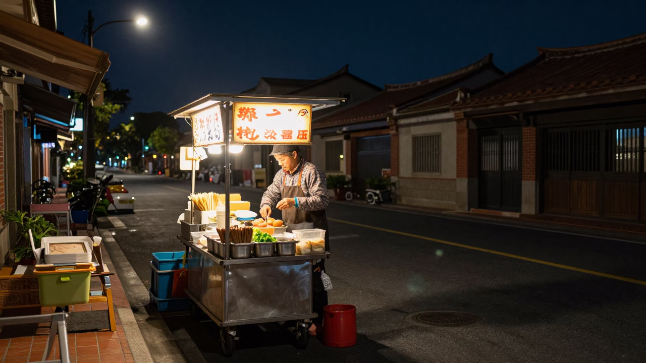 Night Street Scene in Tainan Taiwan with Food Vendor and Street Light in in Tainan, Taiwan