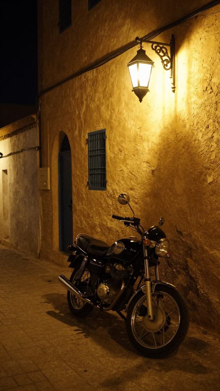 Night street scene in Tunis Medina with motorcycle and lantern light in in Tunis, Tunisia