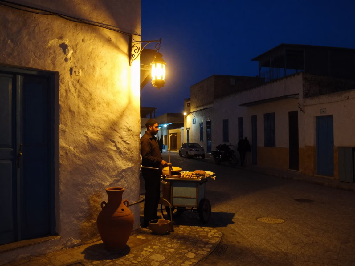 Night street scene in Tunis Tunisia with clay pot and lantern light in in Tunis, Tunisia