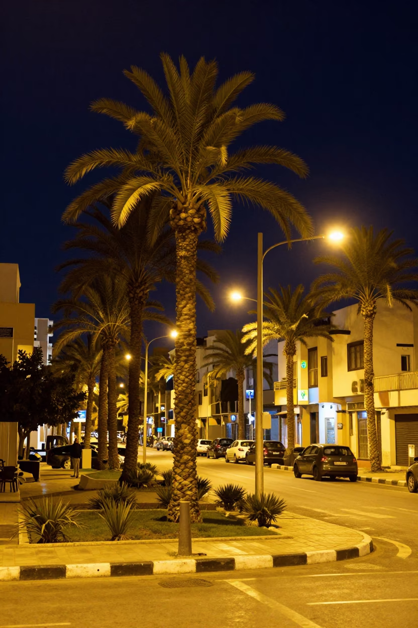Night Street Scene in Tunis Tunisia with Palm Trees and Urban Life in in Tunis, Tunisia