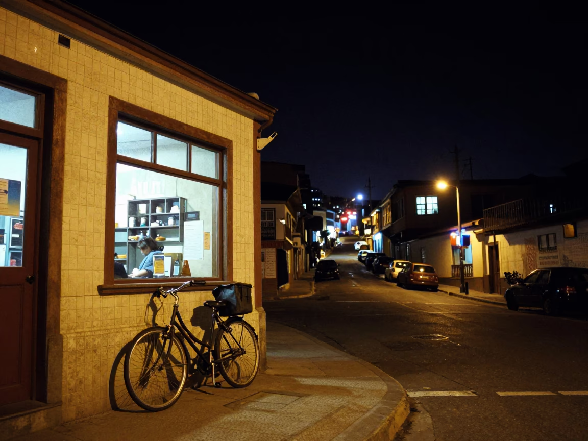 Night Street Scene in Valparaiso Chile with Bicycle and Coffee Shop in in Valparaiso, Chile