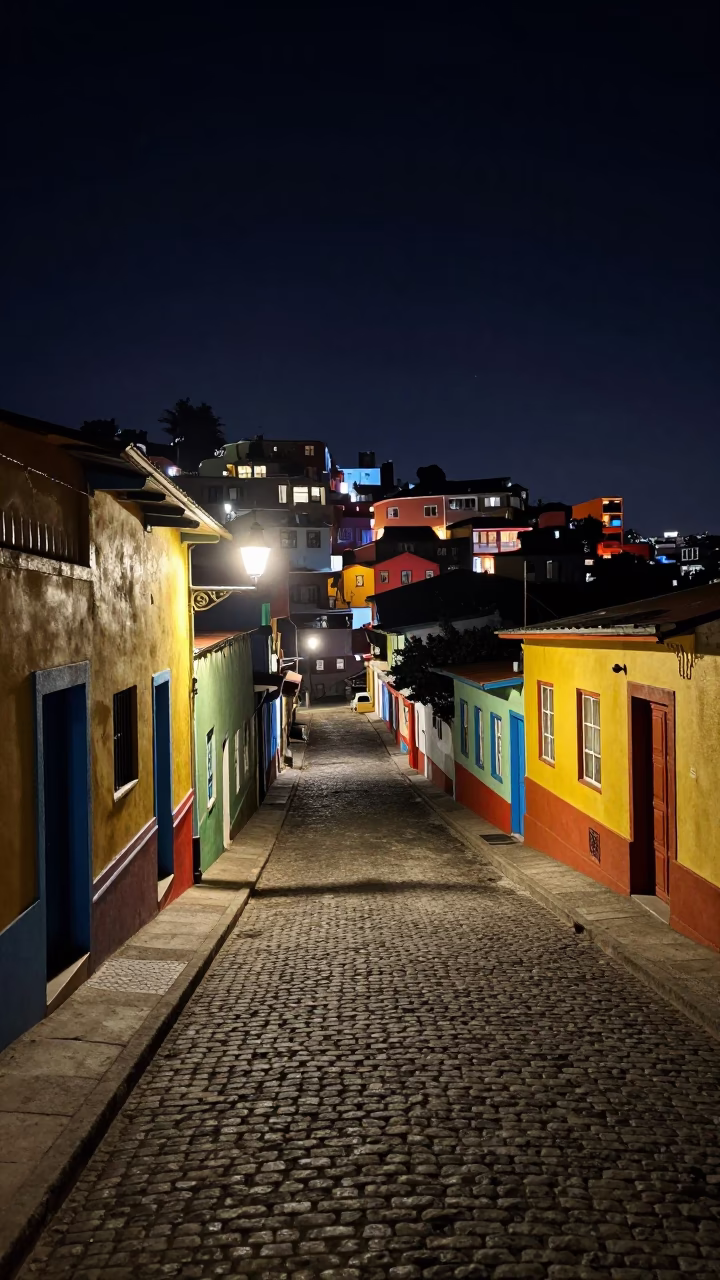 Night Street Scene in Valparaiso Chile with Colorful Architecture and Local Details in in Valparaiso, Chile